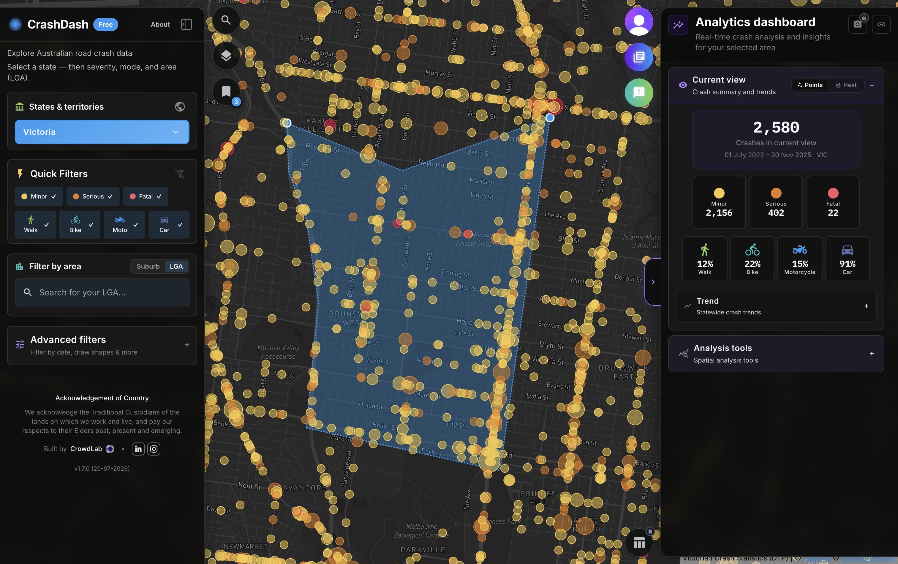 CrashDash dashboard with map filters and analytics