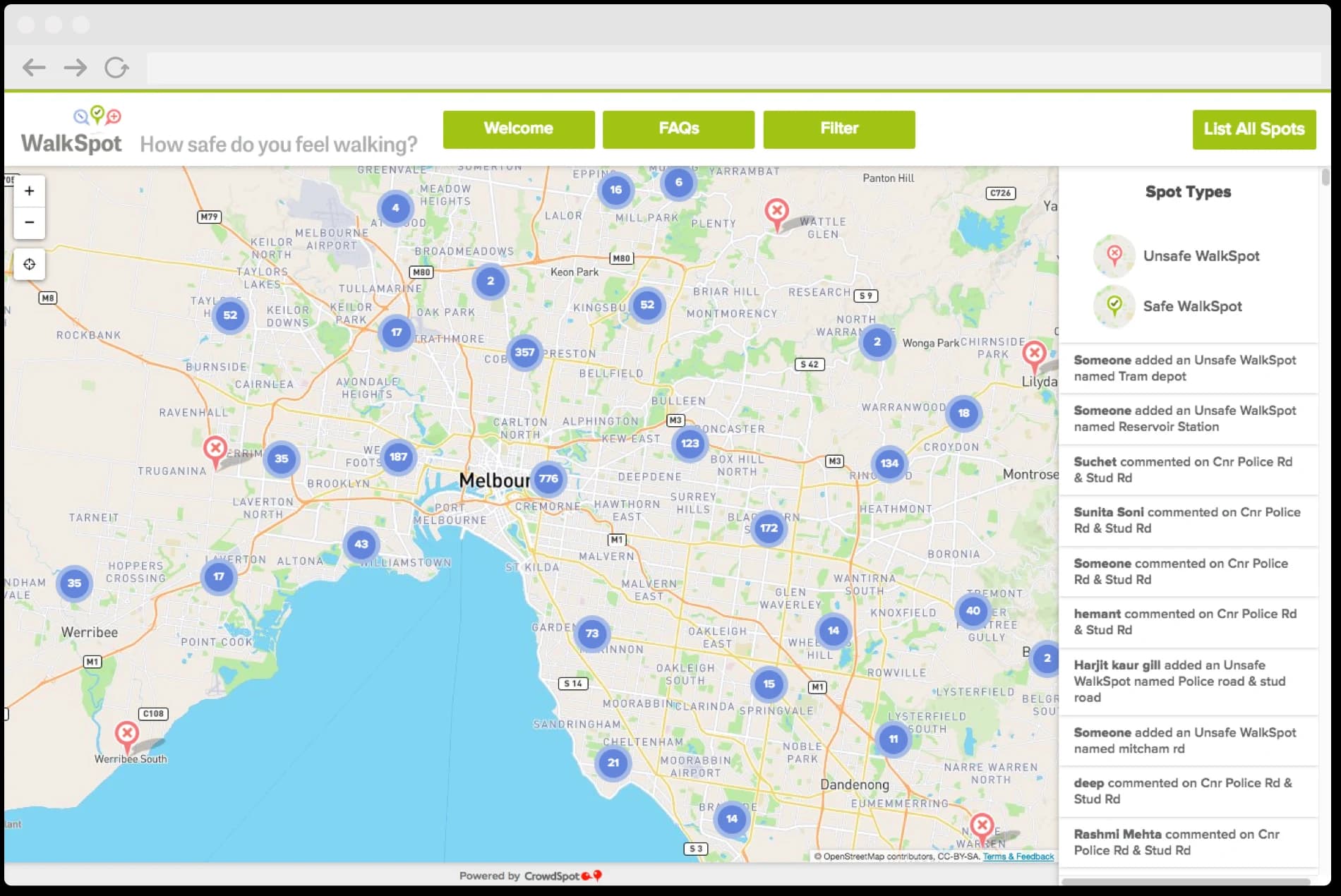 WalkSpot map of Melbourne walking safety spots, including Darebin / Preston clusters