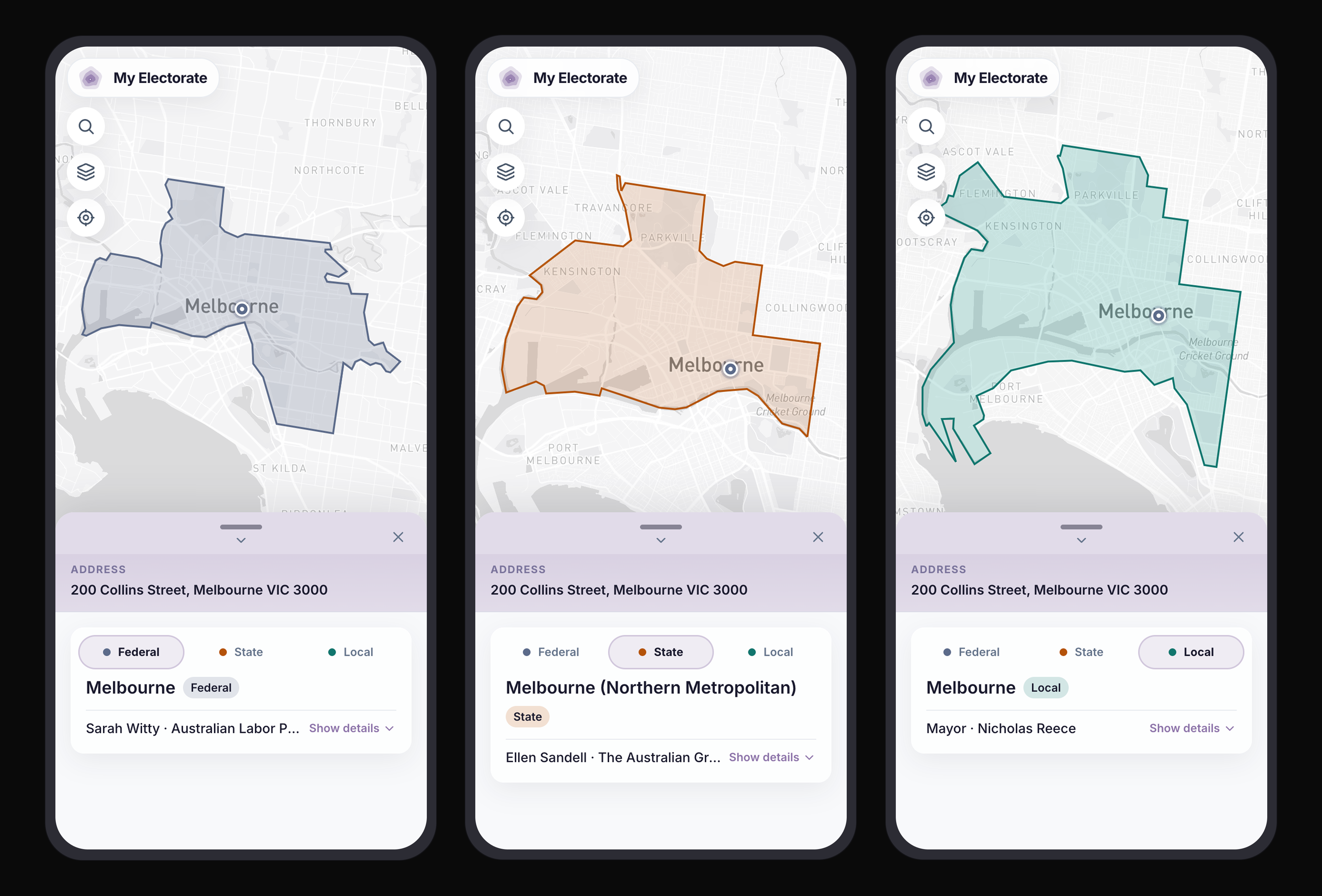 Three My Electorate phone screens for the same address: slate federal, amber state, and teal local boundaries